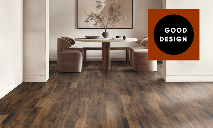 Blended Oak RL50 | AKP-RL50 floors in a dining room with the Good Design logo