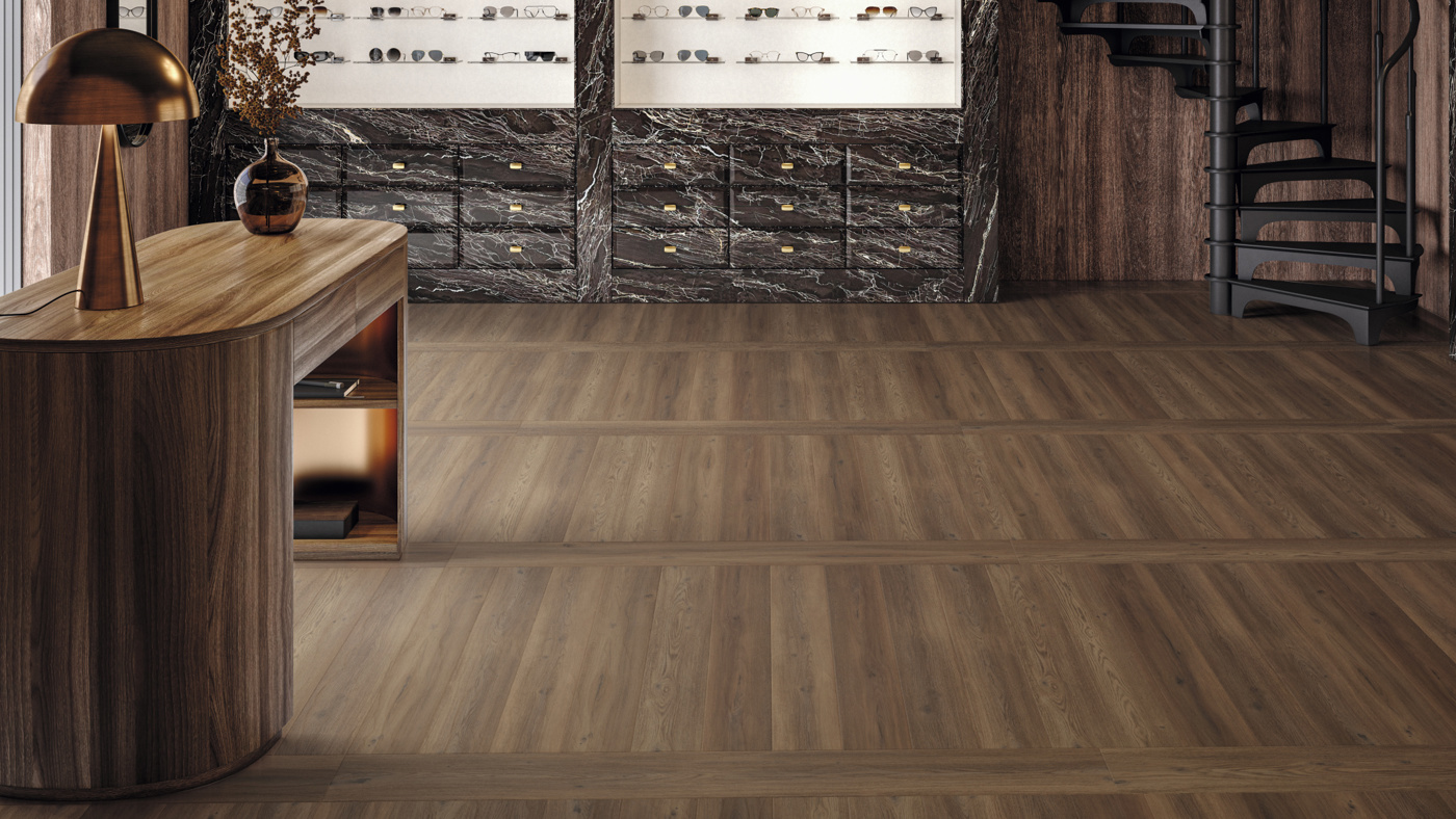 Karndean Commercial vinyl flooring Art Select Serrano oak wood planks in a retail shop