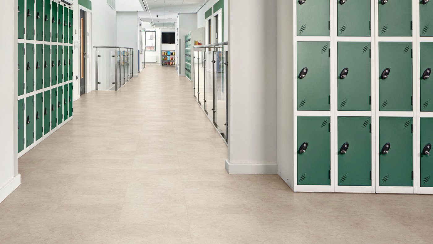 Locker-lined school hallway with Capri LLT209 floors