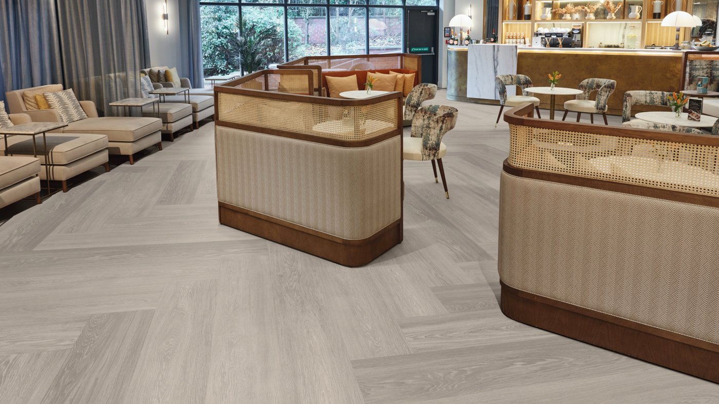 Sterling Oak LLP354 herringbone floors in a spa lounge and cafe area