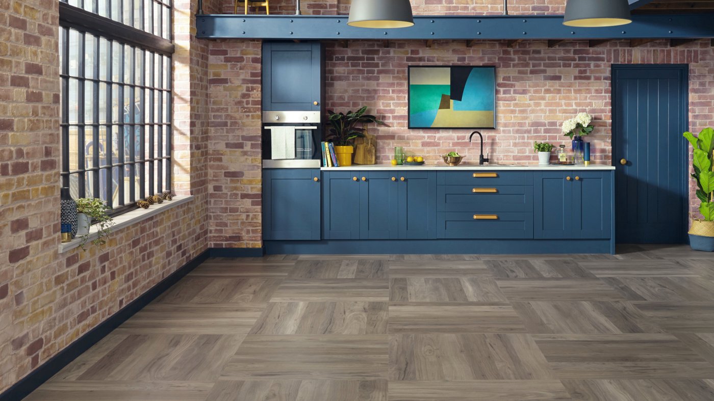 Loft kitchen with Bleached Grey Walnut WP329 floors in a block pattern