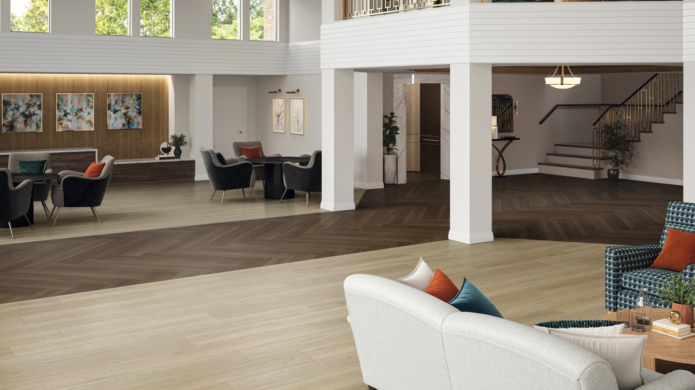 Basque Oak RL26 floors with a Serrano Oak RL28 herringbone pathway through the open space