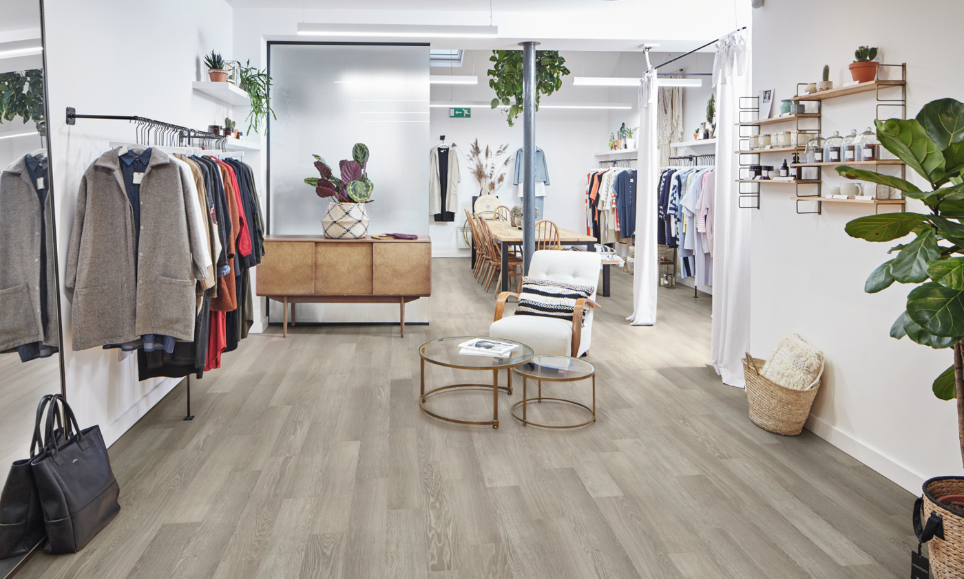 Grey Limed Oak floors in a clothing store