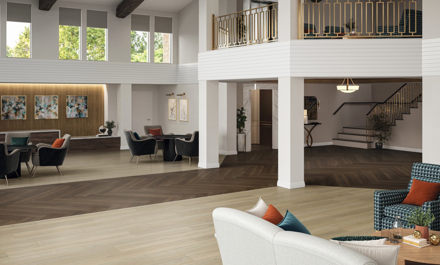 Basque Oak RL26 floors with a Serrano Oak RL28 herringbone pathway through the open space