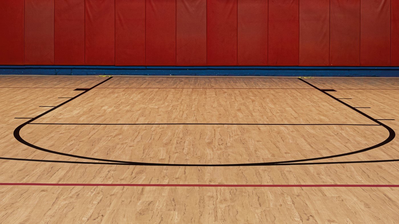 Solid Red V6 and Black V9 colors form basketball court lines on the Macrocapra VGW50T gym floors