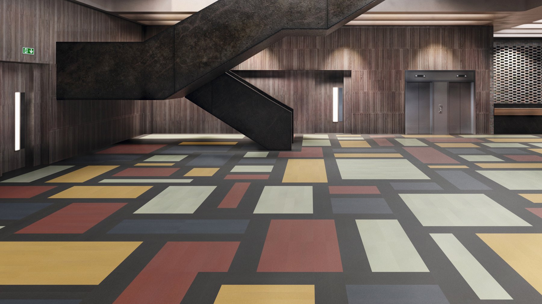 Lobby with featuring Opus abstract floors; Burnt Sienna SP719, Indigo SP720, Zinc SP722, Yellow Ochre SP726, Black Iron SP727