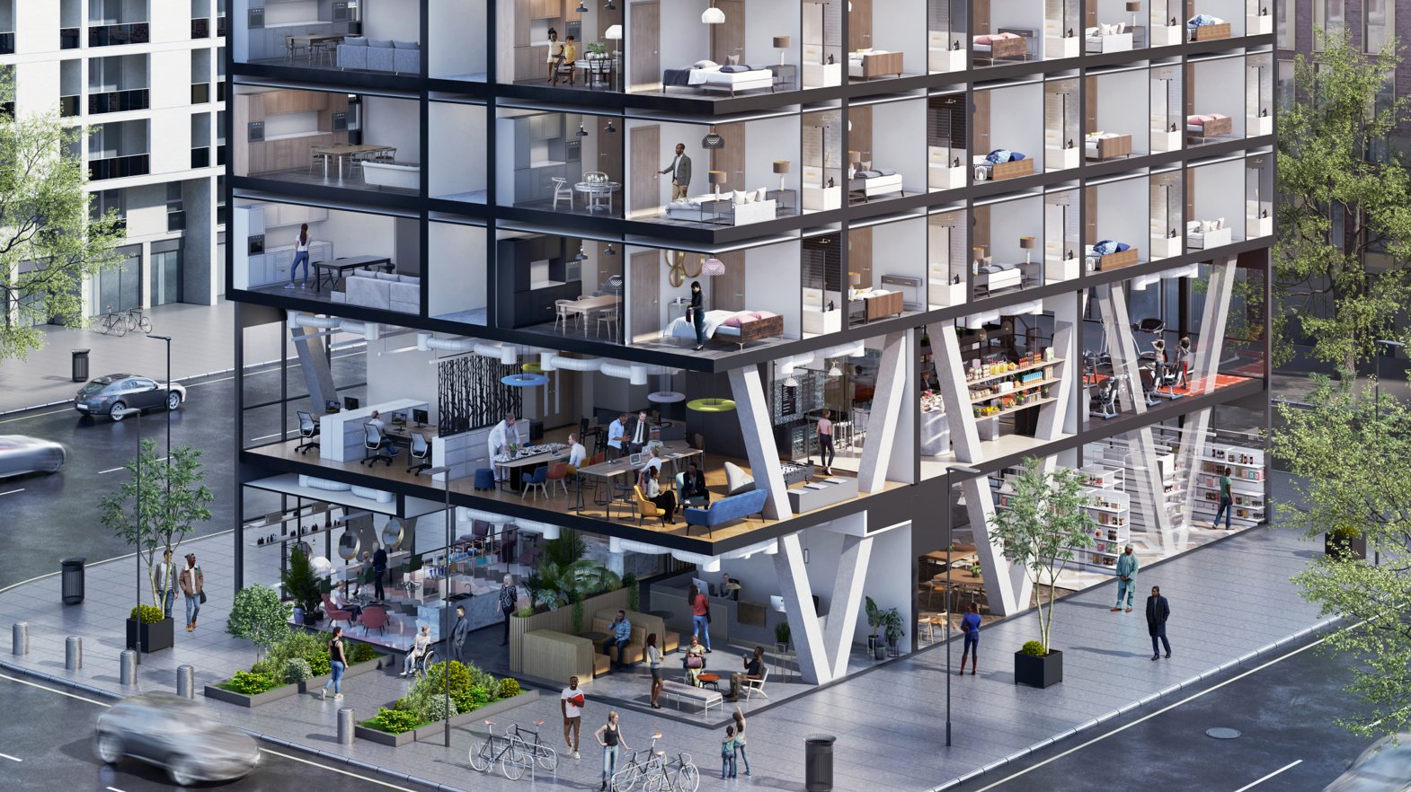 CGI rendering of co-living building development