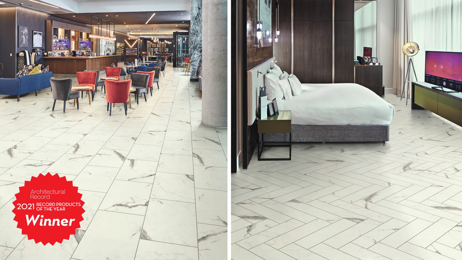 Brunella Marble RKT3013-G in a hotel lobby and Brunella Marble SM-RKT3013-G in a hotel room