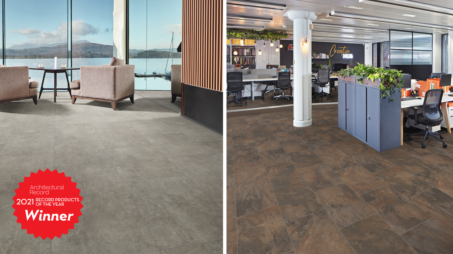 Pebble Grey RKT3009-G in a sitting area and Antique Copper RKT3002-G in an open plan office