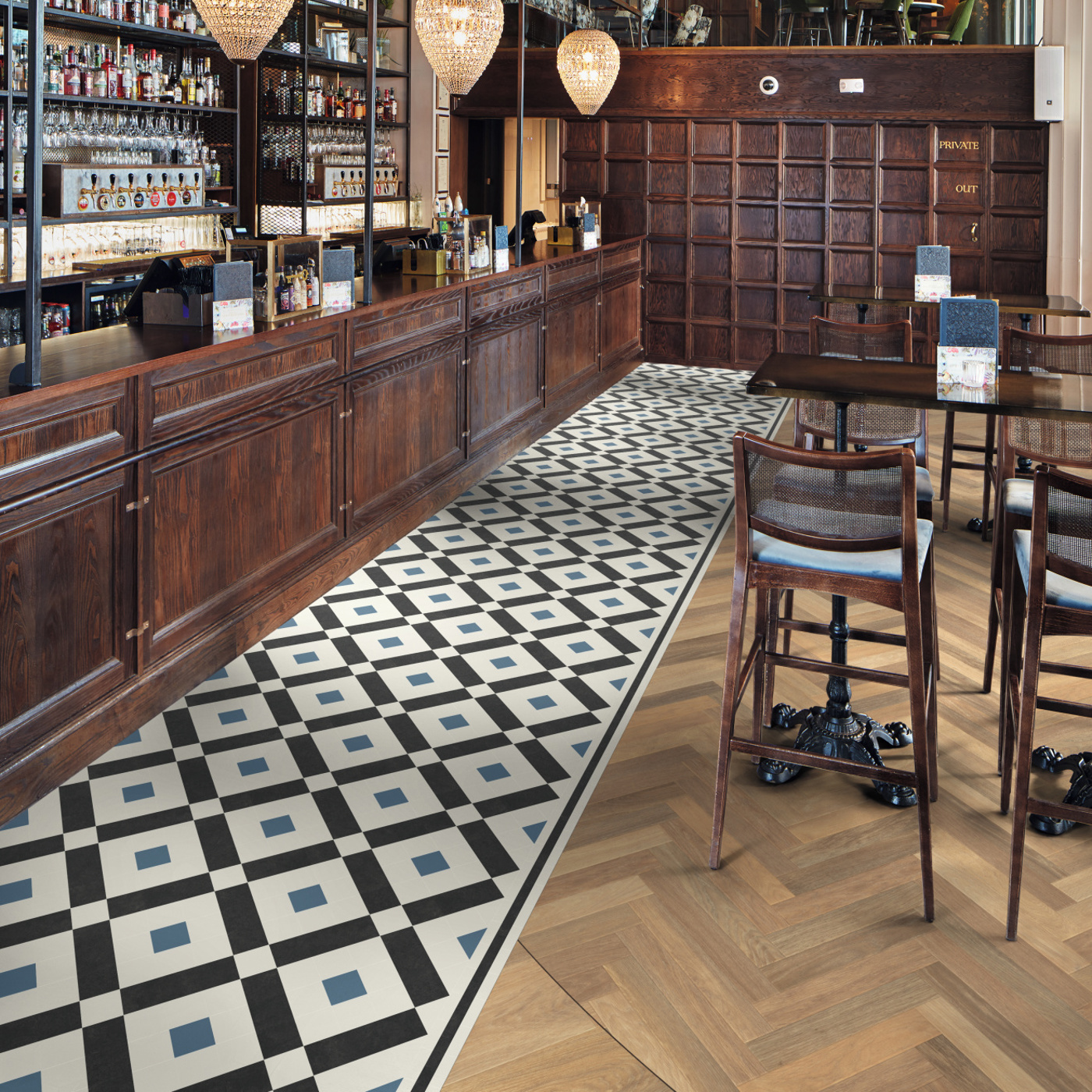 Karndean Commercial Heritage Lansdown stone LVT flooring and Prairie Oak wood flooring in a pub