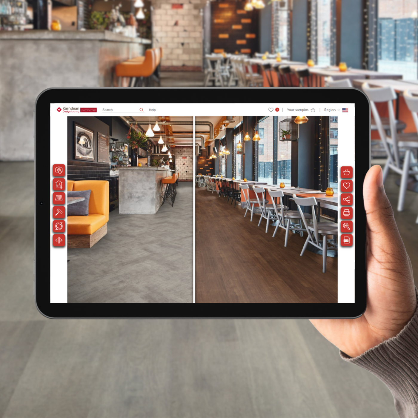 Karndean floorstyle visualizer on a tablet in a restaurant