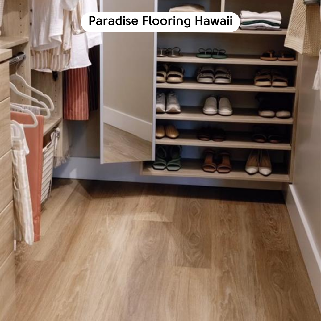 Warm Brushed Oak RKP8215 floor in a walk-in closet designed by Paradise Flooring Hawaii